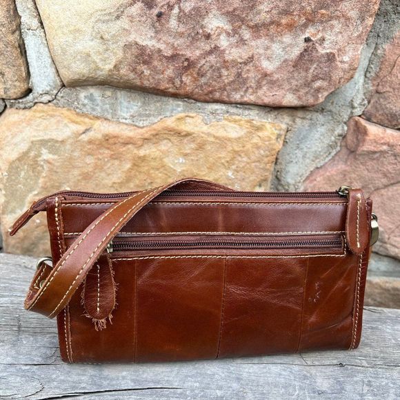 Jesslyn Blake Brown Cognac Eco Leather Wristlet Clutch Basket Weave - Picture 3 of 10